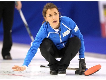 Team Europe skip Anna Sidorova kept an eye on her shot during the opening round of team action in the Continental Cup against Team Canada's Val Sweeting at the Markin MacPhail Arena at Winsport January 8, 2015.