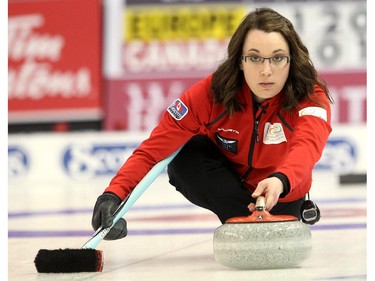 Team Canada curler Val Sweeting delivered the rock during her game against Team Europe's Anna Sidorova during the opening round of team action in the Continental Cup at the Markin MacPhail Arena at Winsport January 8, 2015. Europe defeated Canada in the match.