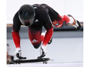 Canadian skeleton competitor Greg Rafter starts a training run at Canada Olympic Park on Friday in advance of this weekend's Intercontinental Cup.