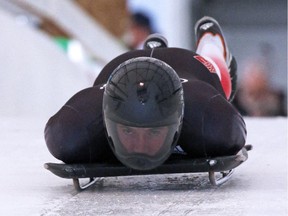 Canadian skeleton competitor Greg Rafter starts a training run at Canada Olympic Park on Friday in advance of this weekend's Intercontinental Cup.