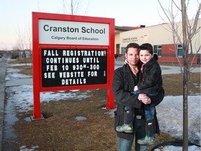 Shane Byciuk is concerned that his son Kyron may not be able to attend Cranston School across the street from their home next September. Because of overcrowding the school has been forced to use a lottery enrolment draw. It could result in his son being bussed to McKenzie.