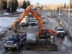 A water main break at Crowchild Trail and 33rd Street S.W. has closed down southbound traffic on Crowchild Trail as crews repair the road, in Calgary on December 9, 2012.