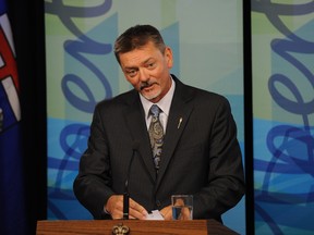 Doug Horner, then the President of Treasury Board and Minister of Finance, at an AUgust 2014 news conference outlining the Alberta governments'  2014-15 first quarter fiscal update.