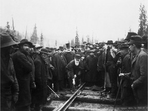 Driving the last spike on the Canadian Pacific Railway at Craigellachie, B.C. The railroad was Sir John A. Macdonald's legacy.