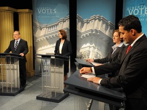 With the departure of the Liberals' Raj Sherman, none of the leaders from the last election are still in power.  From left, NDP leader Brian Mason, Wildrose leader Danielle Smith, Tory leader Alison Redford and Sherman, at a 2012 televised debate.