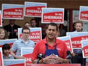 Liberal leader Raj Sherman speaks to the media during the 2012 election campaign.