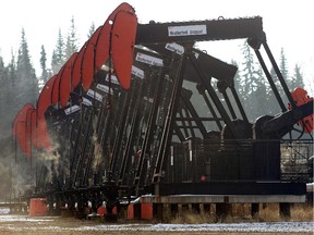 Pump jacks in operation at Imperial Oil Resources oil production pad near Cold Lake, Alta.
