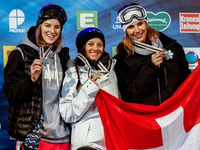 The podium from the FIS freestyle ski world championship halfpipe event includes Cassie Sharpe of Canada (silver), Virginie Faivre of Switzerland (gold) and Mirjam Jaeger of Switzerland (bronze).