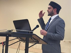 Imam Umair Khan, addressing a crowd at Baitun Nur Mosque in northeast Calgary on Jan. 20, 2015, condemned the deadly attacks against the satirical magazine Charlie Hebdo, but said insults against the Muslim prophet Muhammad are helping terrorists recruit young men to take up arms against the West.
