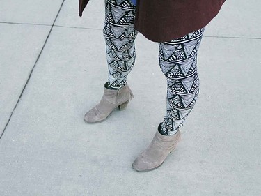 Black and white printed leggings are fun and can be worn with a variety of outfits.