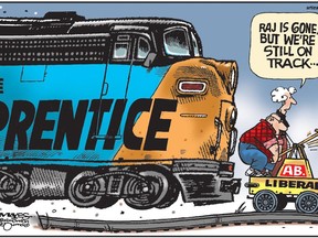 Malcolm Mayes' editorial cartoon for Thursday, January 29, 2015. Shows Alberta Liberals declaring they are still on track after leader Raj Sherman's announcement that he is retiring from politics while a huge Tory train bears down on them.