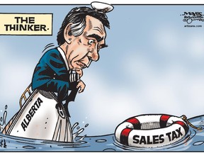 Malcolm Mayes editorial cartoon showing Premier Jim Prentice seeing a sales tax as a life preserver as the Alberta ship sinks in water, for Calgary Herald edition of Monday, Jan. 19, 2015.