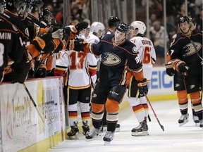 Anaheim Ducks centre Matt Beleskey celebrates a goal  against the Calgary Flames the last time the two teams met at the Honda Center, on Nov. 25. Anaheim's 3-2 win marked the Flames' 19th-straight loss in that building.