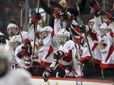 Players on the Cariboo Cougars bench celebrated after the game winning goal against the Regina Pat Canadians to clinch the Max's AAA Midget Tournament male final 2-1 in double overtime at the Scotiabank Saddledome on January 1, 2015.