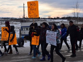 Members of the Blood Tribe hold a rally in Moses Lake, a community on the Blood Reserve, on Jan. 19, 2015, to protest the appearance of dangerous drugs in their community.