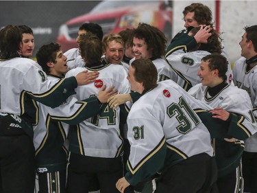 The Northstars Blazers celebrate winning Midget AA gold during the finals of the ESSO minor hockey week in Calgary, on January 17, 2015.