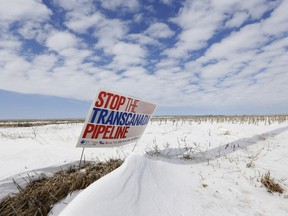 In this March 11, 2013, file photo, a sign reading "Stop the Transcanada Pipeline" stands in a field near Bradshaw, Neb.