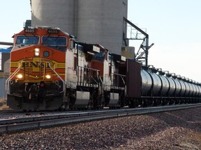 A BNSF Railway train hauls crude oil