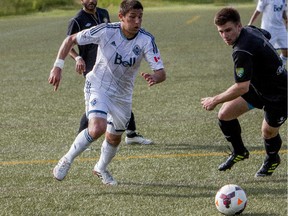 Calgarian Chris Serban in action during a game between the Victoria Highlanders FC and the Vancouver Whitecaps U-23 held at Thunderbird Stadium, University of British Columbia, Vancouver, British Columbia in May 2014.