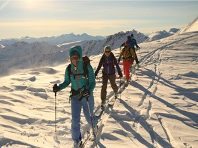 Nicoline Beglinger leads as skiers traverse on the inaugural hut-to-hut ski tour from Durrand Glacier Chalet to Empire Lake Chalet.