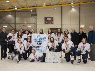 The Girls Bantam B  champions in the 2015 Esso Minor Hockey Week.