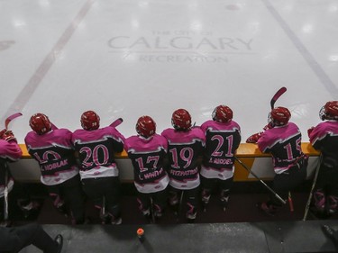 The Calgary AAA Flames wear a pink jersey, which they will give to their moms after the Northwest Calgary Athletic Association's 5th annual "Pink in the Rink" fundraiser game in Calgary, on January 17, 2015.