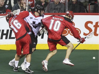 The Roughnecks Curtis Manning, right, fights to get to the ball before Vancouver Stealth's Tyler Digby and teammate Mike Carnegie during the Roughnecks home opener in Calgary, on January 3, 2015. The Roughnecks couldn't pull it together eventually succumbing to the Stealth 18 to 14.