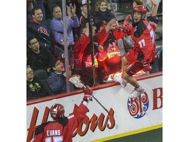 Roughnecks forward Jeff Shattler jumps off the boards in victory celebration after scoring against the Vancouver Stealth during the Roughnecks home opener in Calgary, on January 3, 2015. The Roughnecks couldn't pull it together, eventually succumbing to the Stealth 18-14.