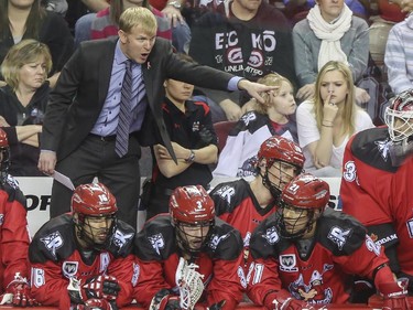 Assistant coach Bruce Codd gives his team some direction during the Roughnecks home opener against Vancouver Stealth, on January 3, 2015. The Roughnecks couldn't pull it together eventually succumbing to the Stealth 18 to 14.