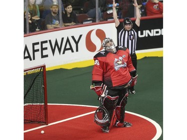 Roughnecks goalie Frankie Scigliano isn't impressed after letting in a goal during the Roughnecks home opener against the Vancouver Stealth in Calgary, on January 3, 2015. The Roughnecks couldn't pull it together eventually succumbing to the Stealth 18 to 14.