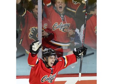 Calgary Flames Johnny Gaudreau celebrates his goal on Edmonton Oilers during first period action at the Scotiabank Saddledome in Calgary on December 27, 2014.