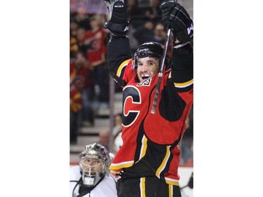 The Calgary Flames' Curtis Glencross celebrates  scoring against the Los Angeles Kings Jonathan Quick during first period action in Calgary.