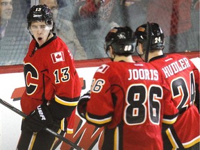 Calgary Flames rookie Johnny Gaudreau celebrates a goal against the New York Islanders. He was among the minute-munching players who had a day off from on-ice activities on Sunday as the Flames rest for their next stretch of games.