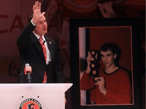 Former Calgary Flames captain Joe Nieuwendyk takes part in a ceremony in his honour prior to a Flames game last March. Now working for the Carolina Hurricanes and doing his part for Kraft Hockeyville, the former Dallas Stars GM is also dealing with the recent death of his sister.