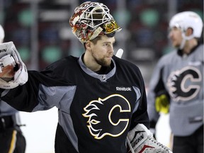 Goaltender Joni Ortio practises on Monday. His stellar shutout over the Vancouver Canucks on Saturday puts him in the mix to start on Thursday in Arizona.