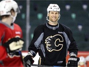 Calgary Flames defenceman Dennis Wideman practiced with teammates during the Flames practice at the Scotiabank Saddledome on December 8, 2014.