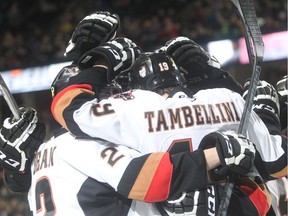 Adam Tambellini of the Calgary Hitmen celebrates his second goal of the game against the Edmonton Oil Kings in WHL action Saturday January 31, 2015 at the Saddledome.