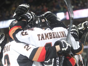 Adam Tambellini of the Calgary Hitmen celebrate his second goal of the game against the Edmonton Oil Kings in WHL action Saturday January 31, 2015 at the Saddledome.