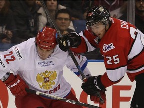 Russia's Ivan Provorov and WHL's Greg Chase battle during a Subway Super Series game in Saskatoon last November.