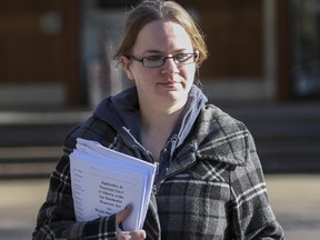 Sarah Shachtay, leaves the court house after testifying at her sister's, Victoria Shachtay, murder trial in Red Deer, on January 28, 2015. Brian Malley is accused of killing disabled mom Victoria with a bomb in 2011.