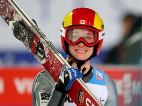 Calgary's Taylor Henrich smiles after winning a World Cup bronze medal at Schattenberg-Schanze Erdinger Arena in Oberstdorf, Germany on Sunday.