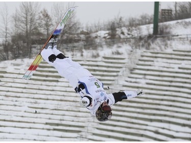 Justine Dufour-Lapointe of Canada competes for a third place finish at the women's Freestyle moguls skiing 2015 World Cup at Canada Olympic Park in Calgary, on January 3, 2015.