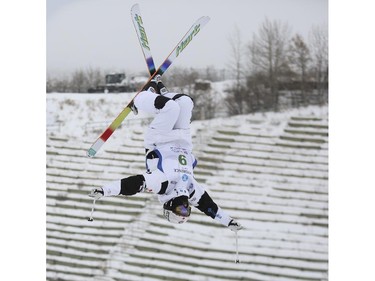 Maxime Dufour-Lapointe of Canada competes at the Freestyle moguls skiing 2015 World Cup at Canada Olympic Park in Calgary, on January 3, 2015.