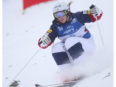 Hannah Kearney of the USA competes for a first place finish at the Freestyle moguls skiing 2015 World Cup at Canada Olympic Park in Calgary, on January 3, 2015.