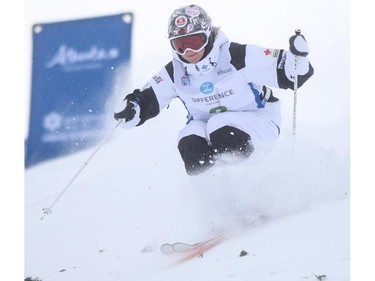 Chloe Dufour-Lapointe of Canada competes for a second place finish at the Freestyle moguls skiing 2015 World Cup at Canada Olympic Park in Calgary, on January 3, 2015.