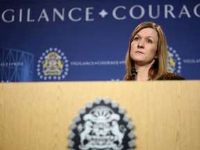 Calgary Police Staff Sgt. Melanie Oncescu speaks to members of the media during a press conference about charges in connection with sexual interference at a private dayhome.