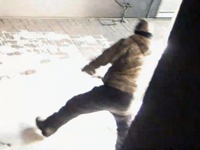 Calgary police released these images from surveillance video as part of a plea for public help in identifying two men connected with two attempts to burn down a business in the 1700 block of 11 Avenue S.W. in January.