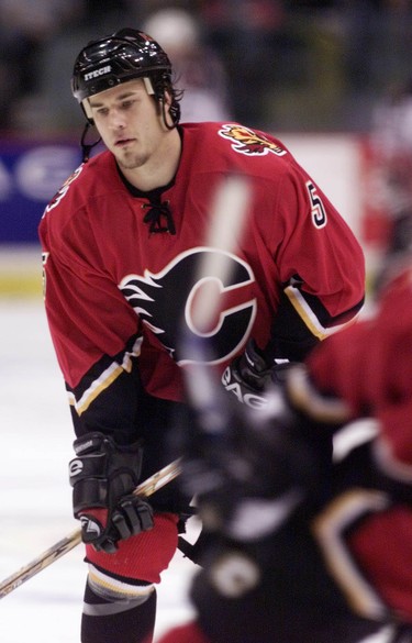 Calgary Flames defenseman Steve Montador warms-up with the team on October 18, 2003.