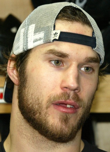 Calgary Flames Steve Montador talks to media on May 5, 2004.