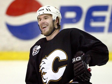 Calgary Flames' defenceman Steve Montador laughs as he stretches during practice in San Jose, Calif., Monday, May 10, 2004.